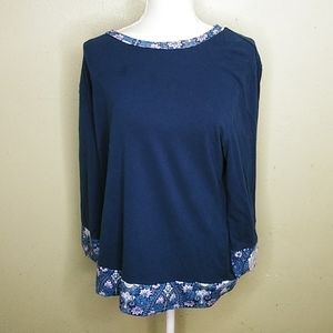 Lusofie 3/4 Sleeve Navy Top With Floral Trim XL